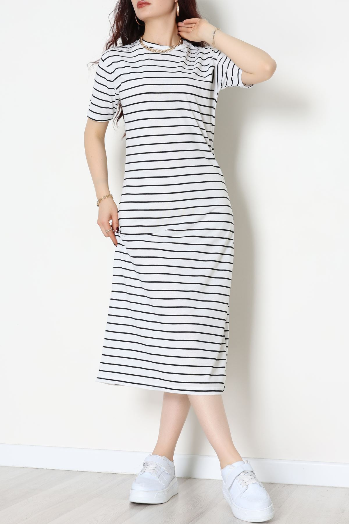 Bisiklet Yaka Süprem Penye Elbise Beyazsiyah - 70824.1567.
