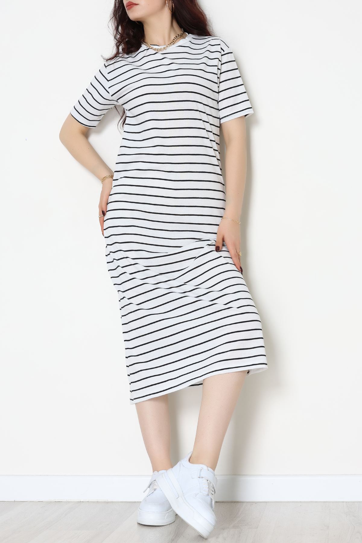 Bisiklet Yaka Süprem Penye Elbise Beyazsiyah - 70824.1567.