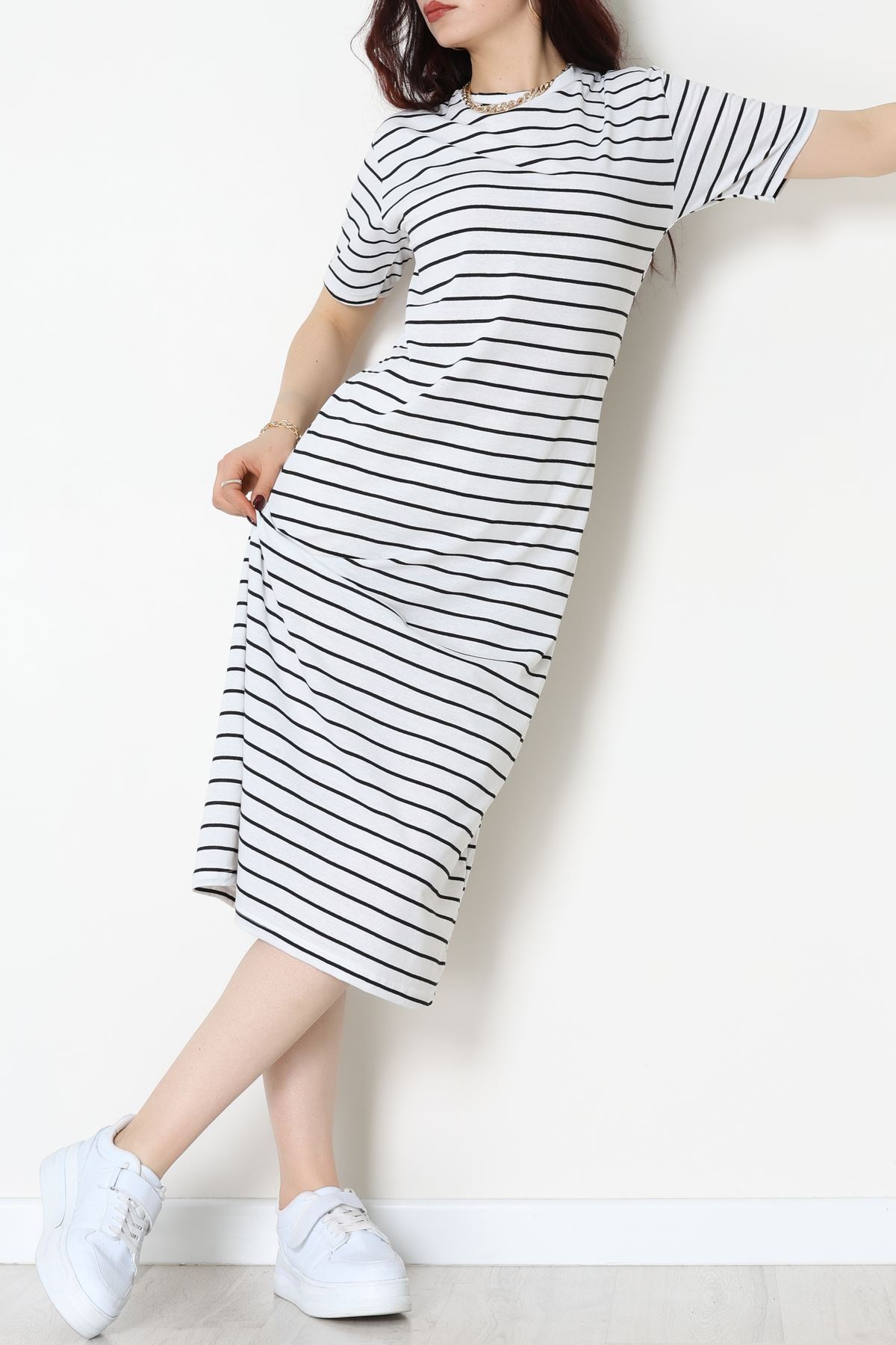Bisiklet Yaka Süprem Penye Elbise Beyazsiyah - 70824.1567.