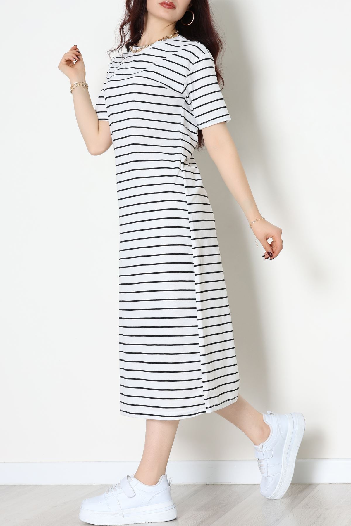 Bisiklet Yaka Süprem Penye Elbise Beyazsiyah - 70824.1567.