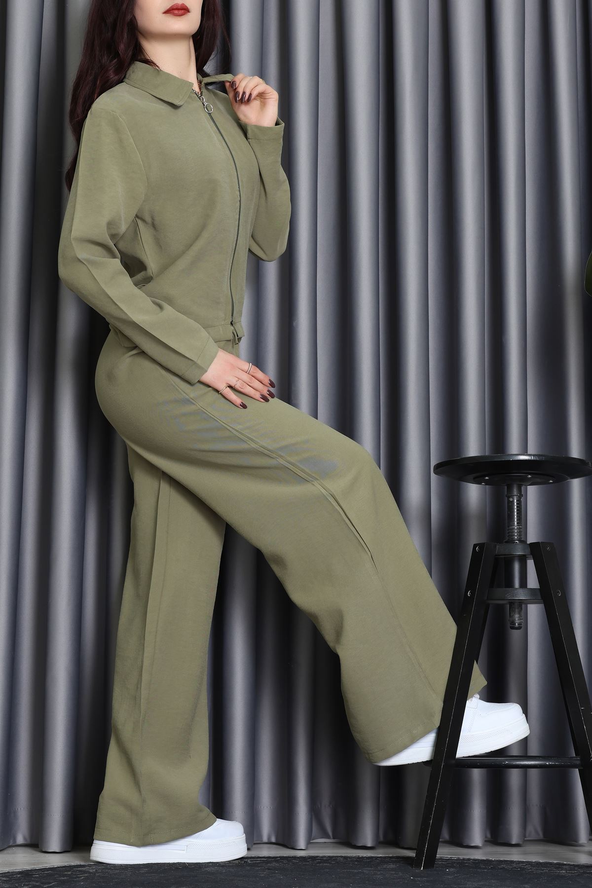 Soft Touch Dokuma Modal Fermuarlı İkili Takım Haki - 55012.1837.