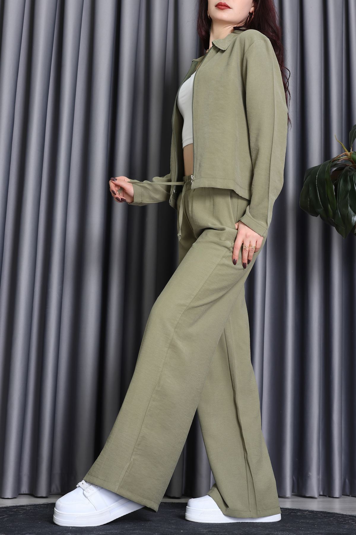 Soft Touch Dokuma Modal Fermuarlı İkili Takım Haki - 55012.1837.