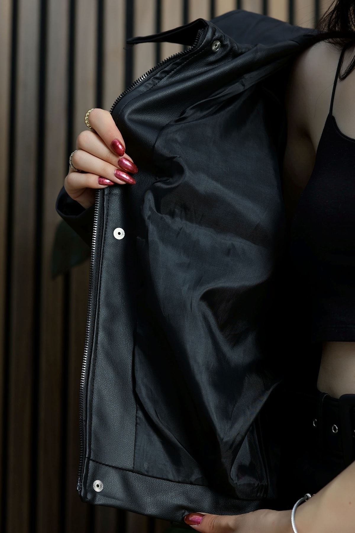 Oversize Balon Deri Ceket Siyah - 2020.2089.