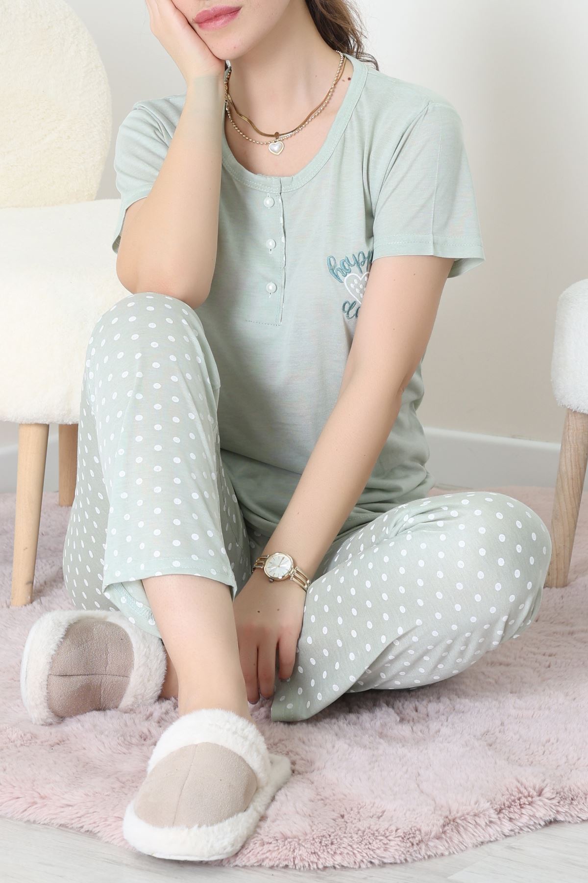 Viskon Kumaş Kısa Kol Pijama Takımı Mint1 - 31859.2123.