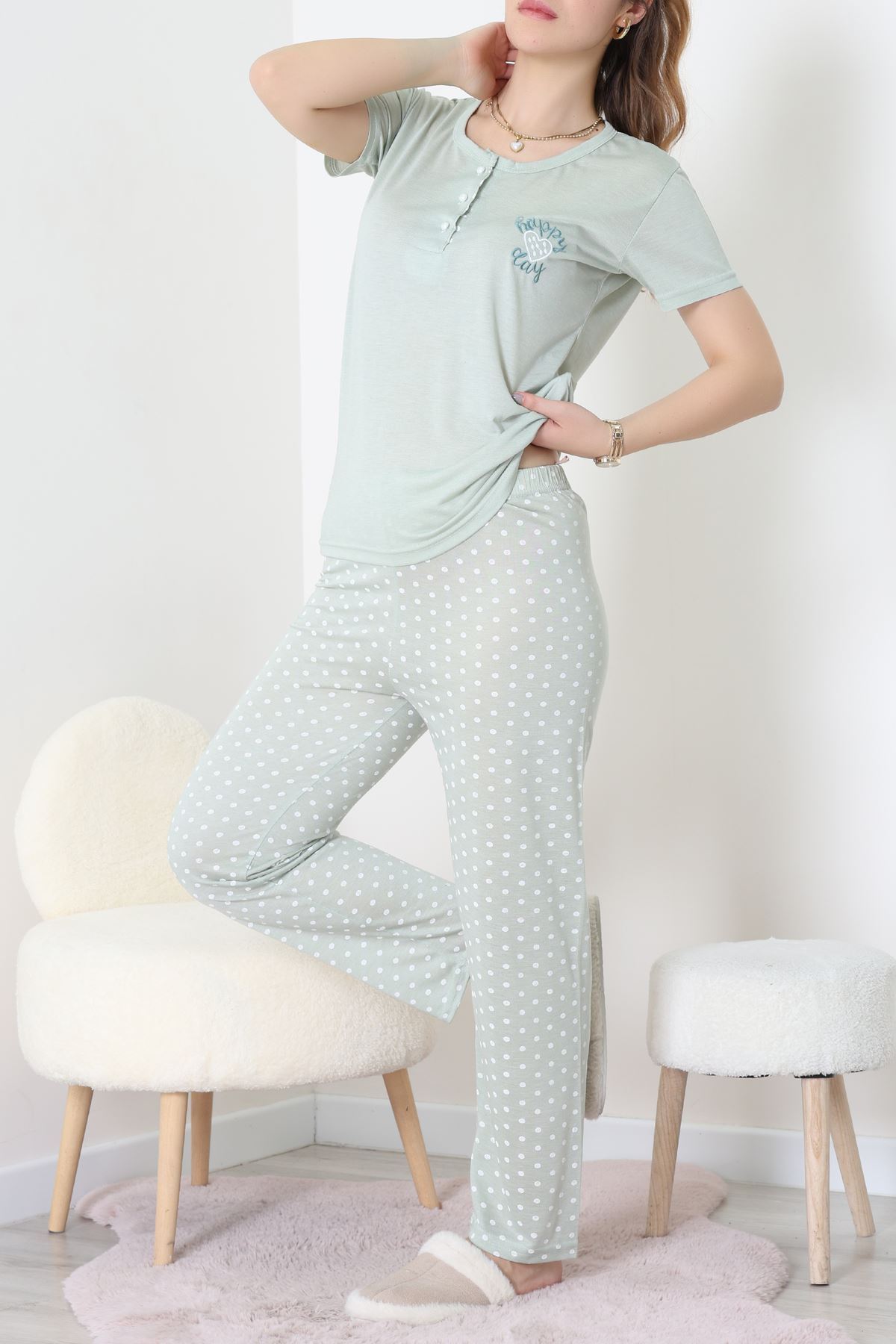 Viskon Kumaş Kısa Kol Pijama Takımı Mint1 - 31859.2123.