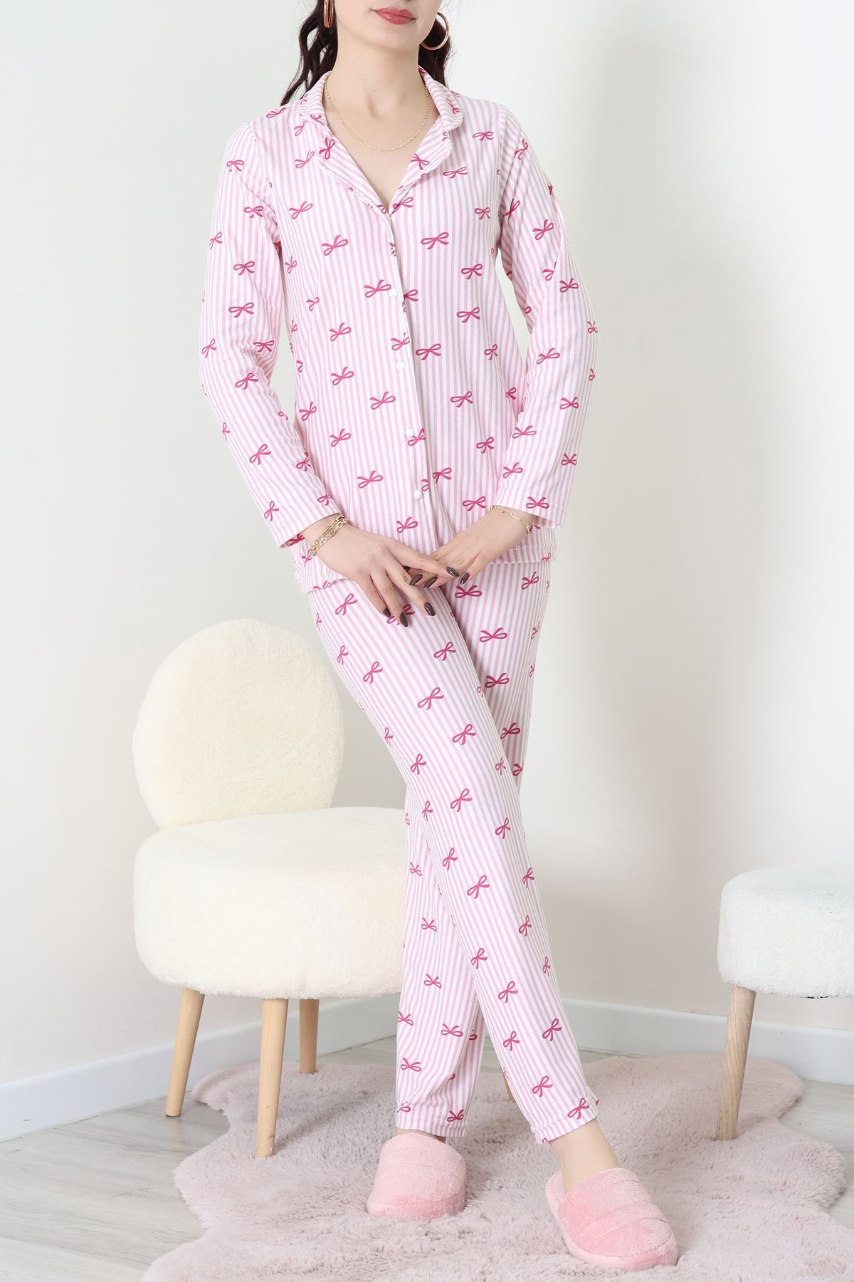 Süet Düğmeli Pijama Takımı Pembeçizgili - 52199.1783.