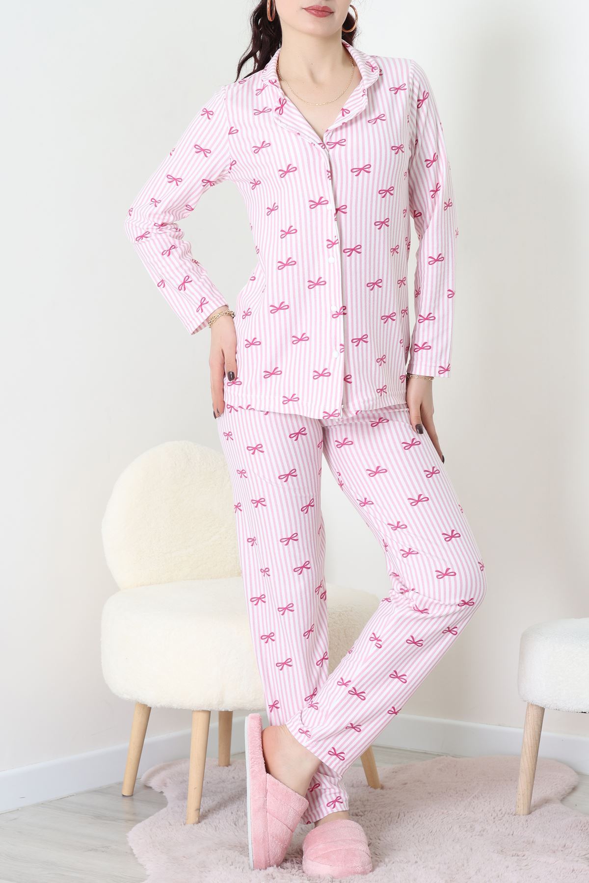 Süet Düğmeli Pijama Takımı Pembeçizgili - 52199.1783.