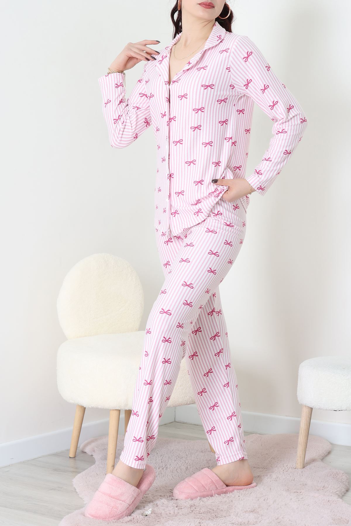 Süet Düğmeli Pijama Takımı Pembeçizgili - 52199.1783.
