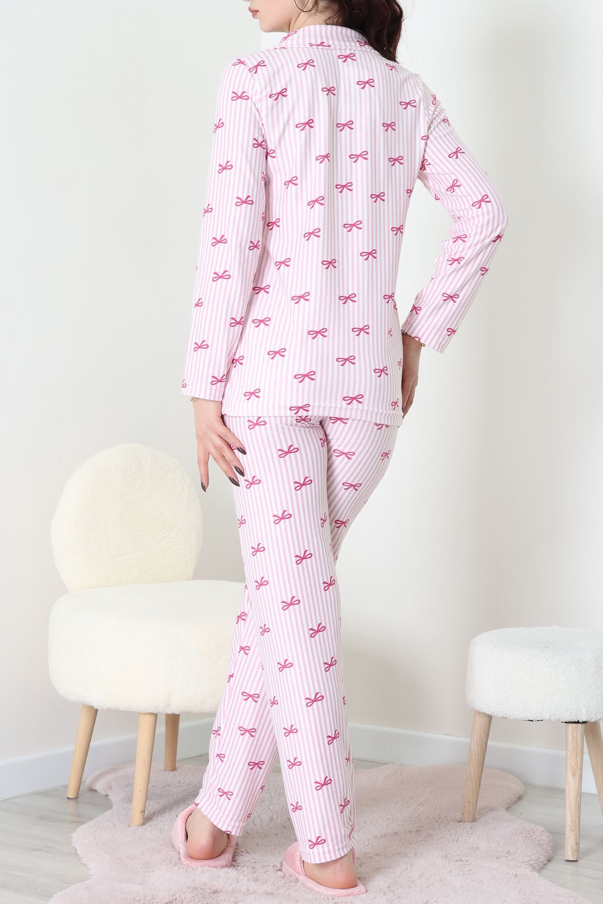 Süet Düğmeli Pijama Takımı Pembeçizgili - 52199.1783.