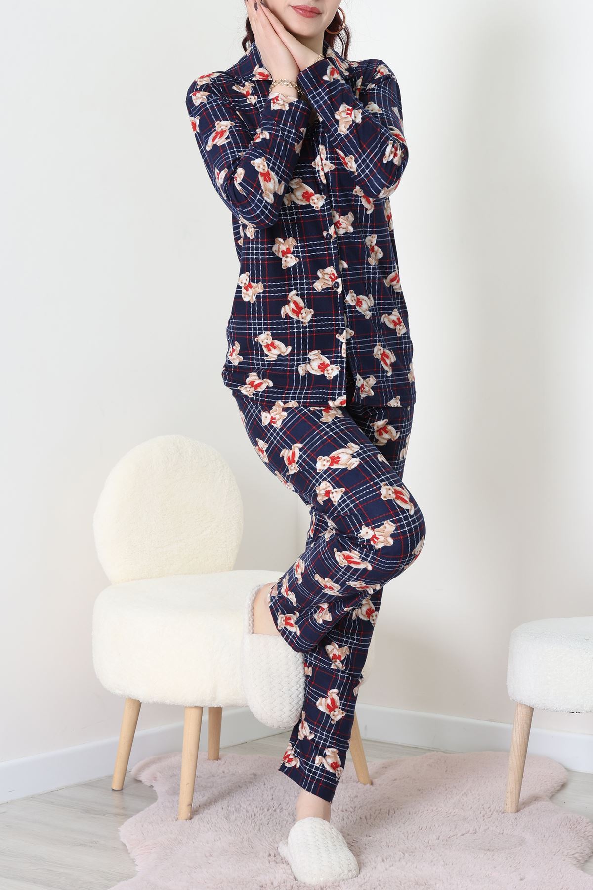 Süet Düğmeli Pijama Takımı Lacivertekose - 55014.1048.