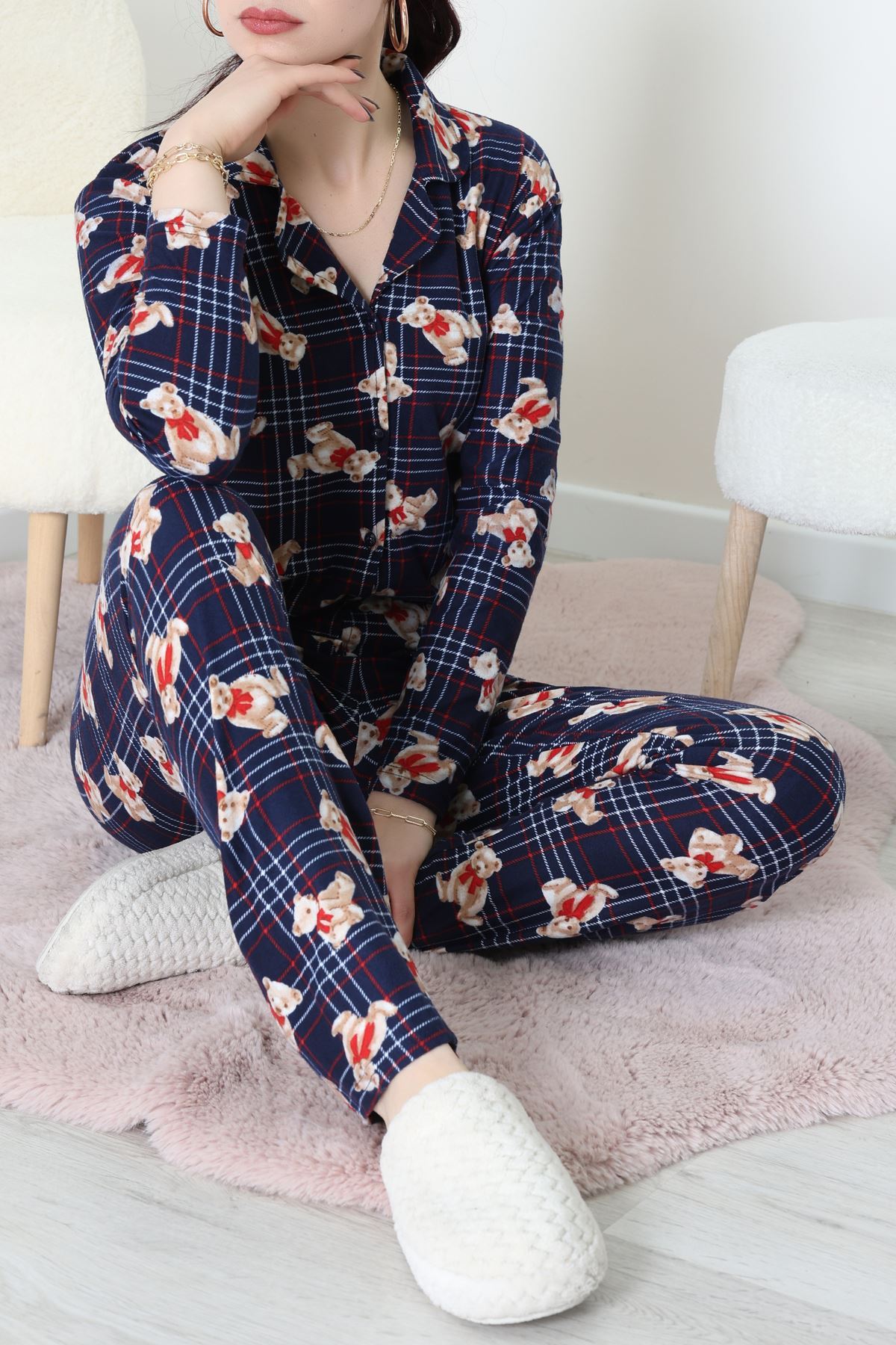 Süet Düğmeli Pijama Takımı Lacivertekose - 55014.1048.