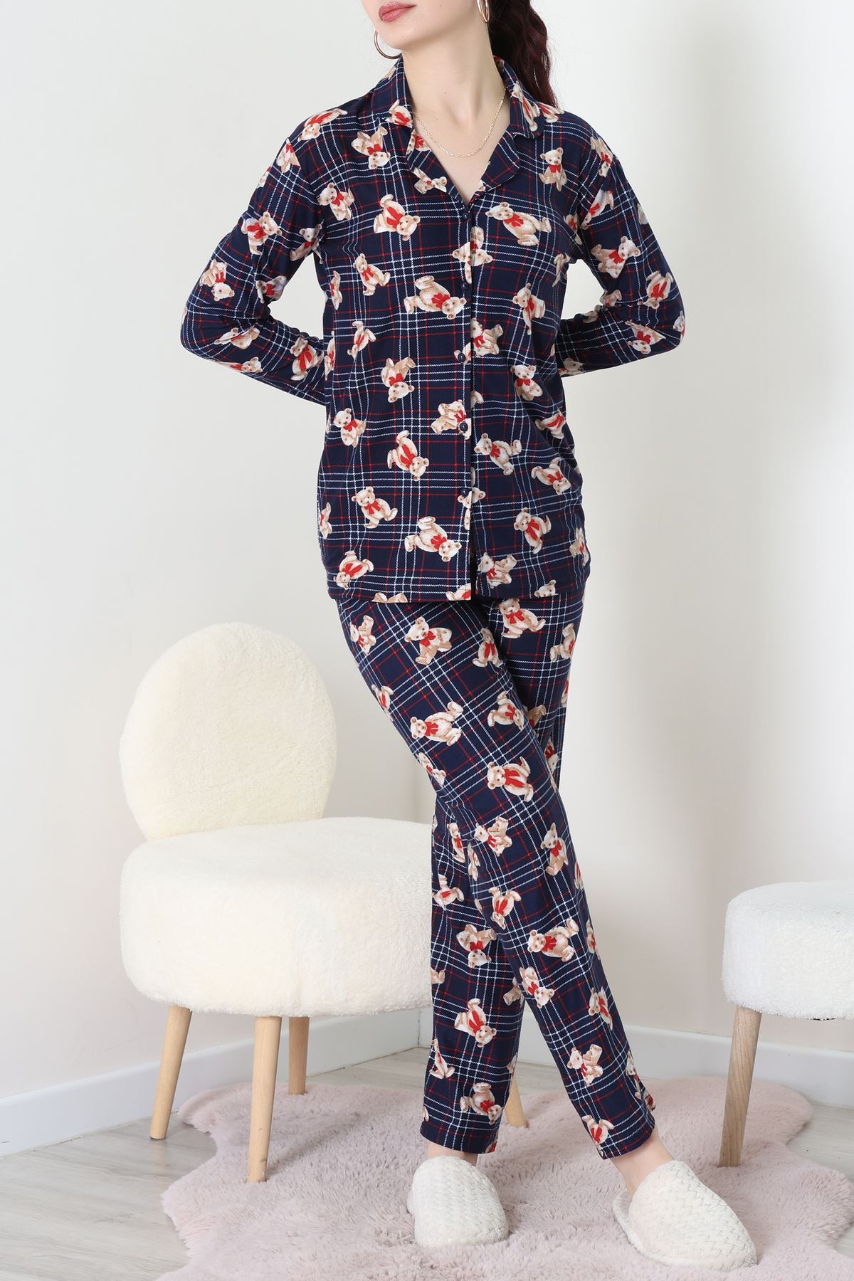 Süet Düğmeli Pijama Takımı Lacivertekose - 55014.1048.