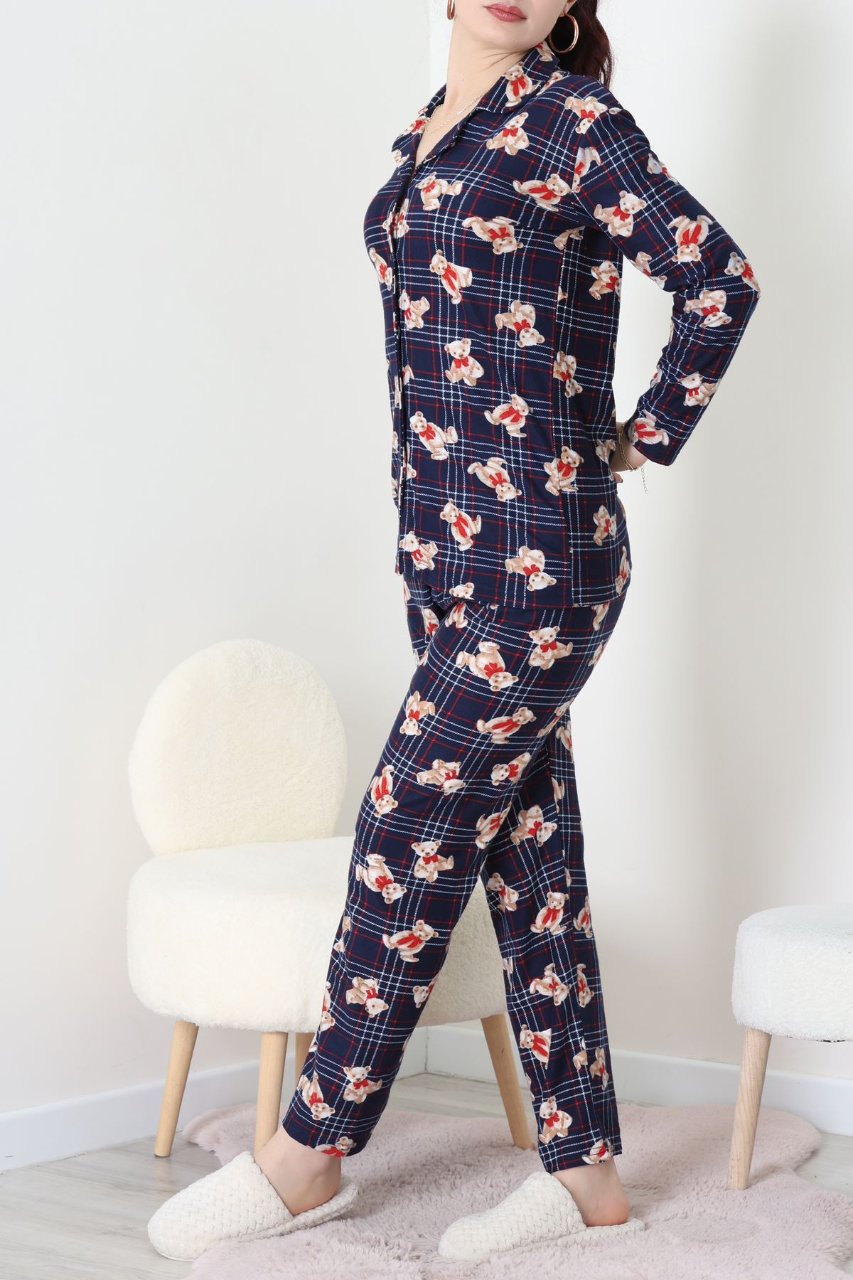 Süet Düğmeli Pijama Takımı Lacivertekose - 55014.1048.