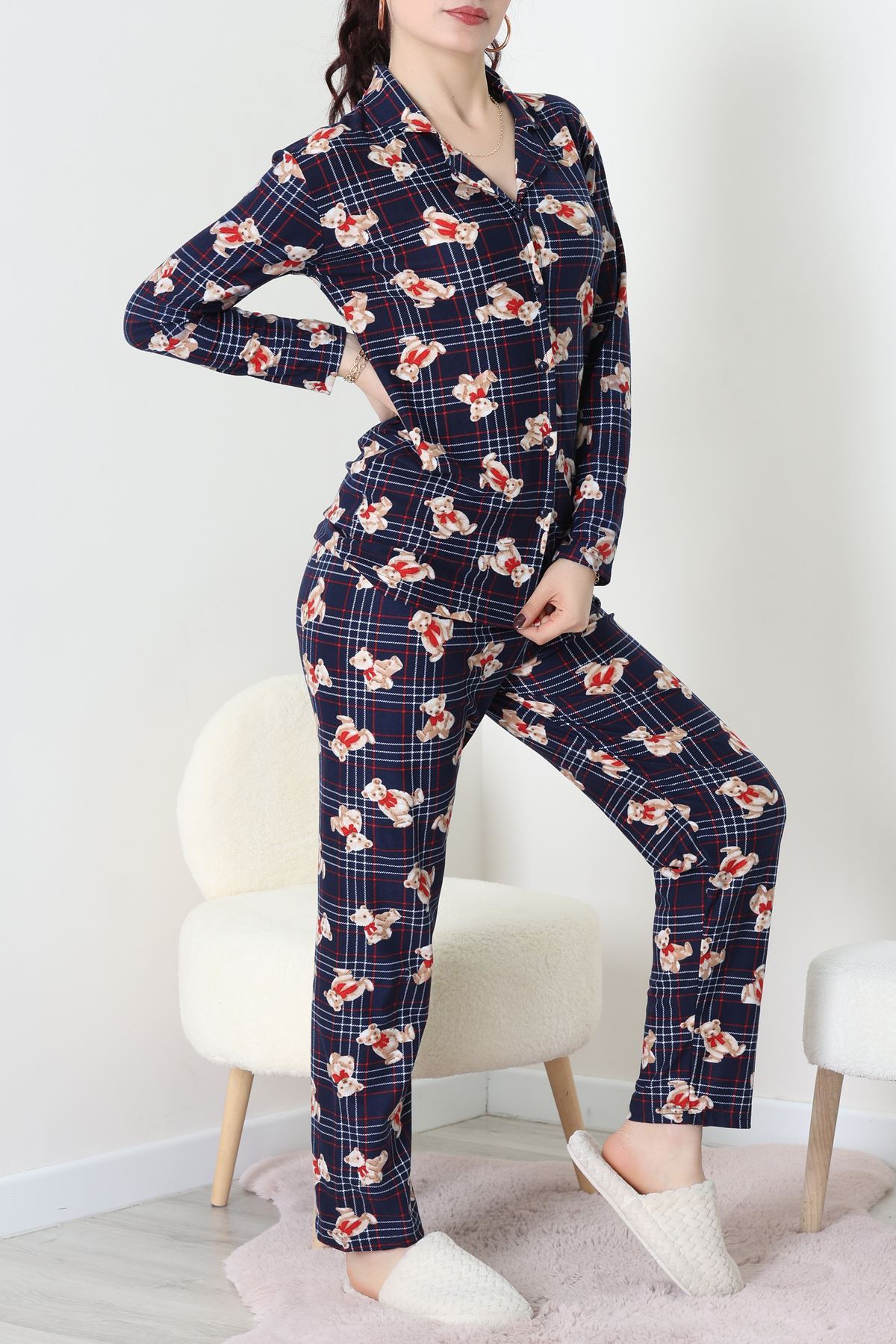 Süet Düğmeli Pijama Takımı Lacivertekose - 55014.1048.