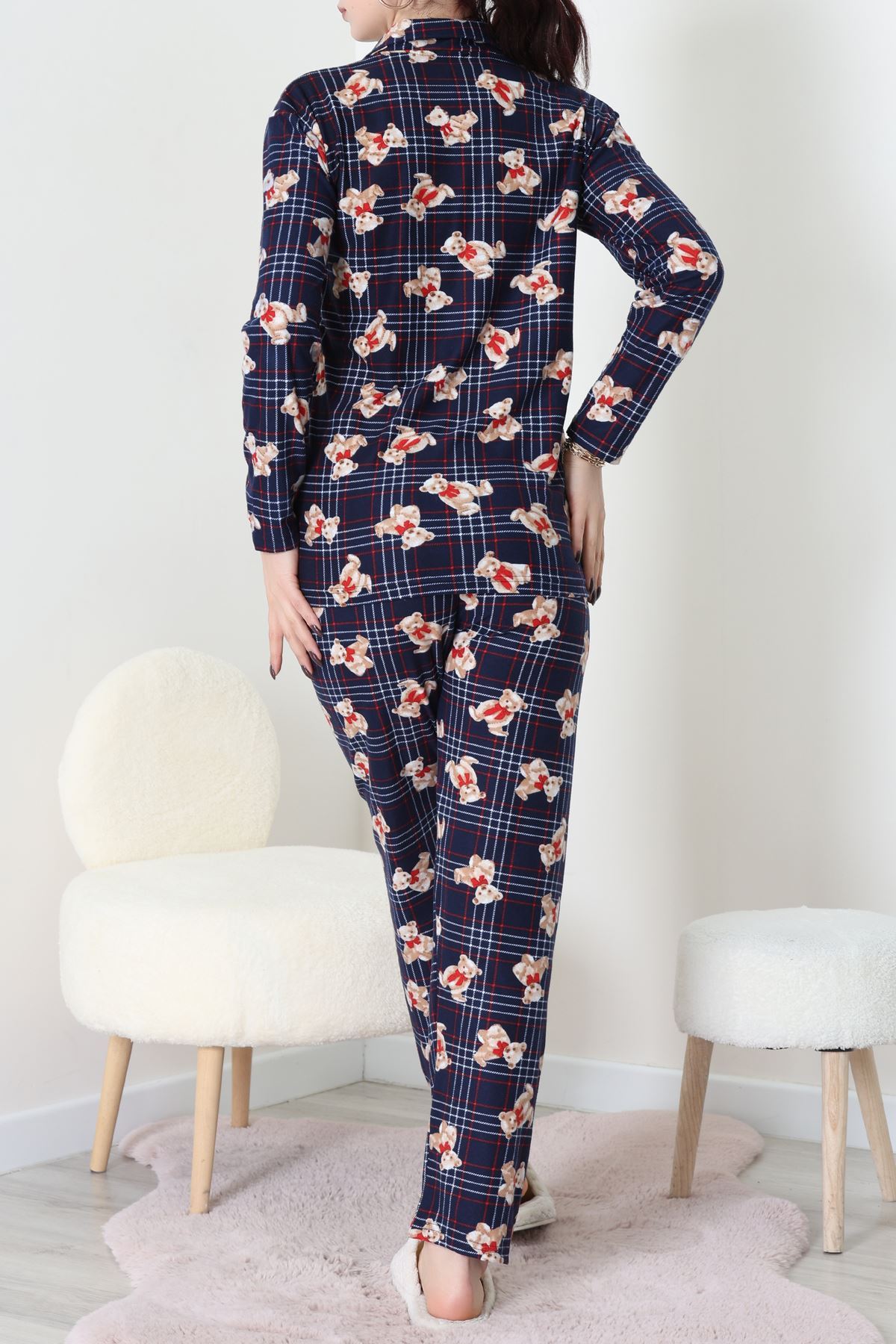 Süet Düğmeli Pijama Takımı Lacivertekose - 55014.1048.