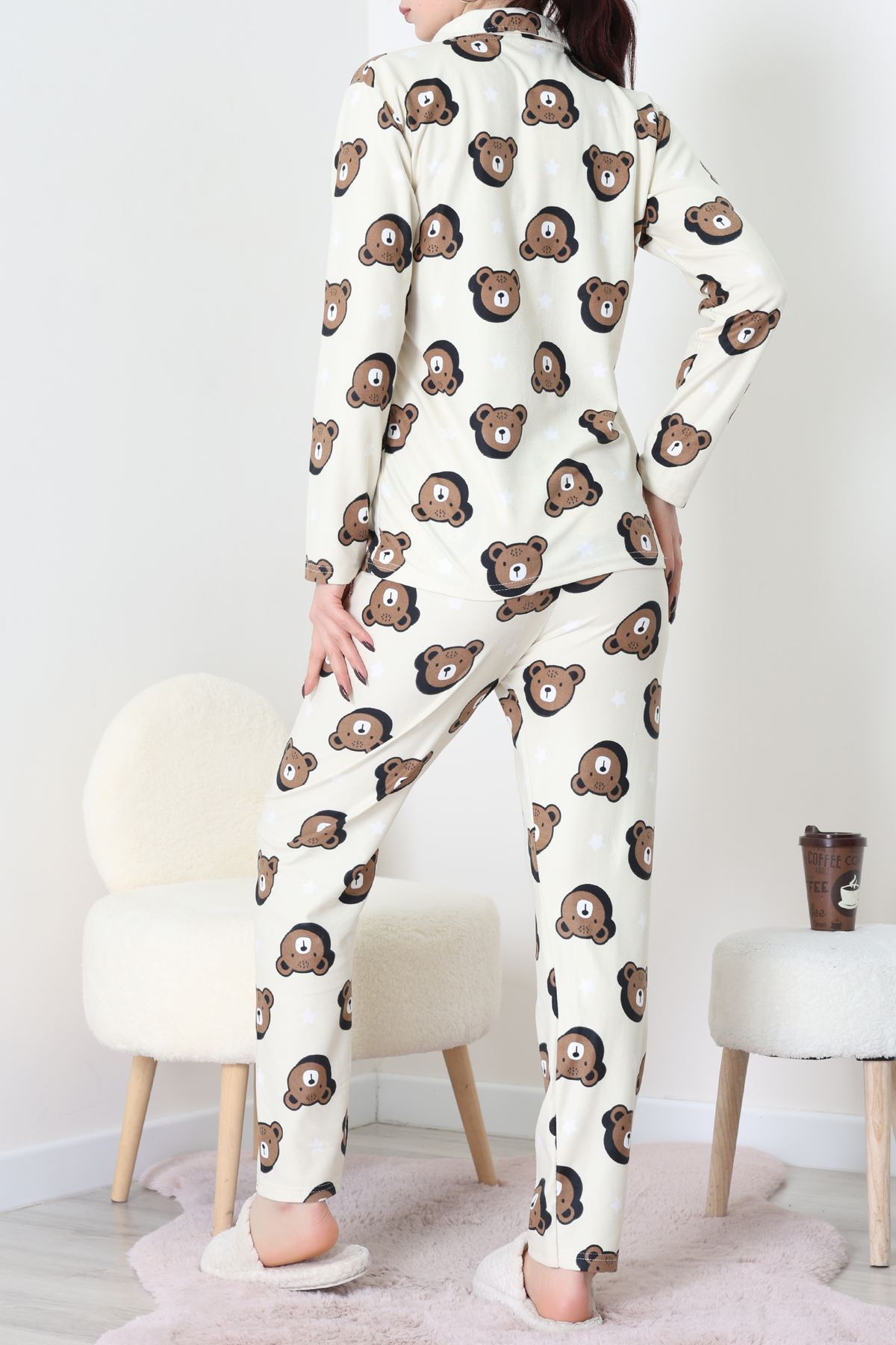 Süet Düğmeli Pijama Takımı Kremkahve - 52171.1050.