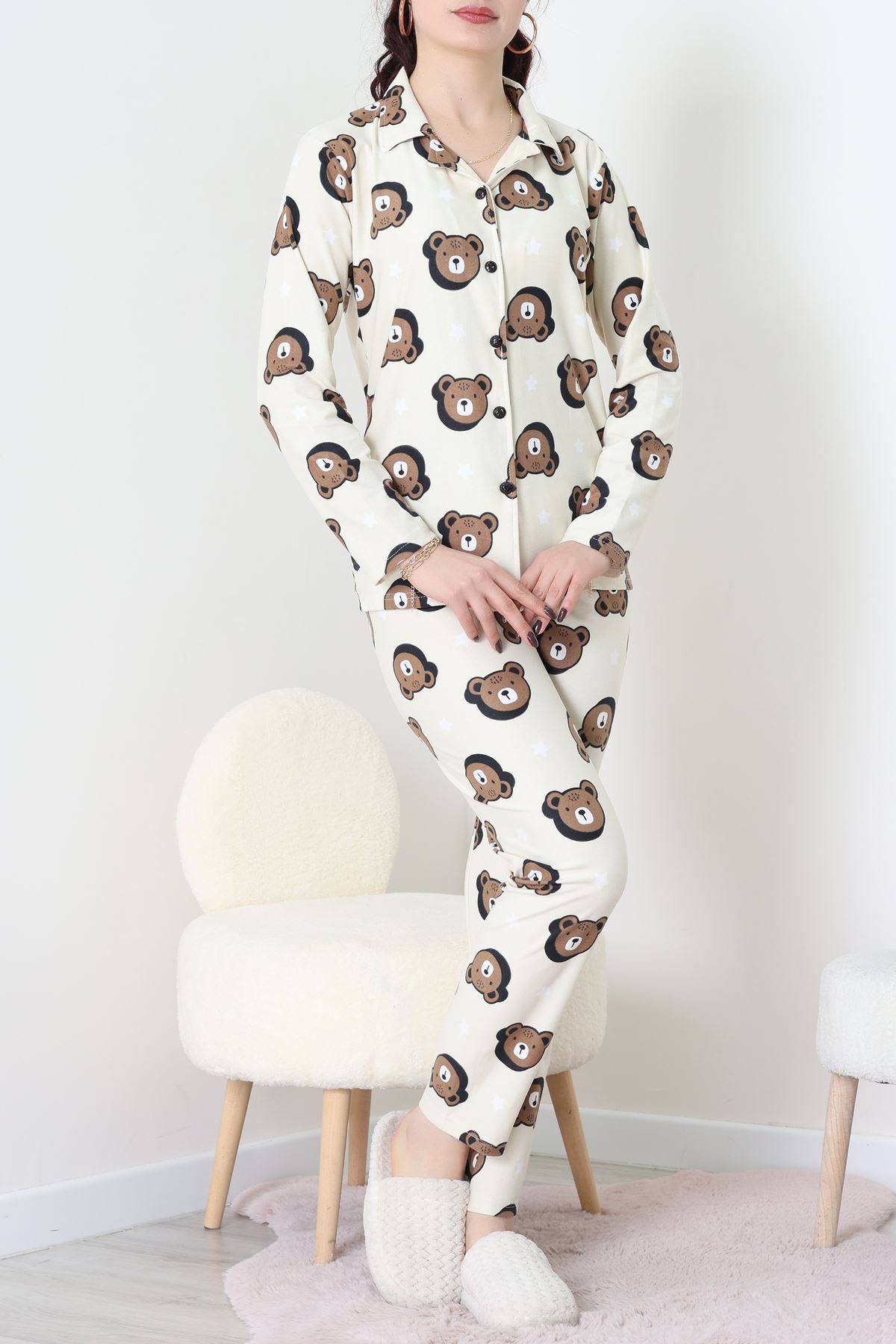 Süet Düğmeli Pijama Takımı Kremkahve - 52171.1050.