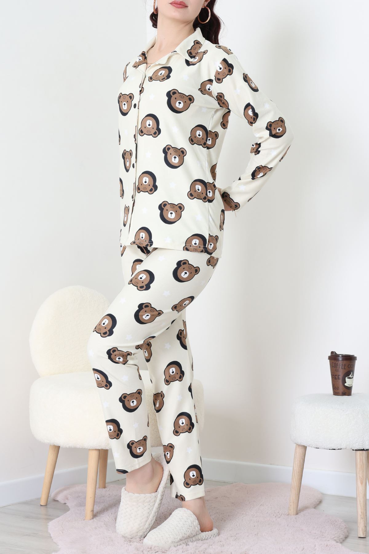 Süet Düğmeli Pijama Takımı Kremkahve - 52171.1050.