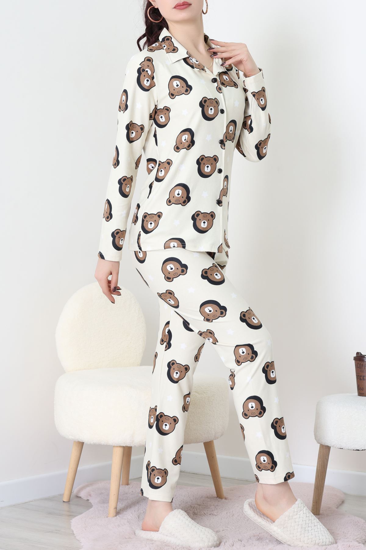 Süet Düğmeli Pijama Takımı Kremkahve - 52171.1050.