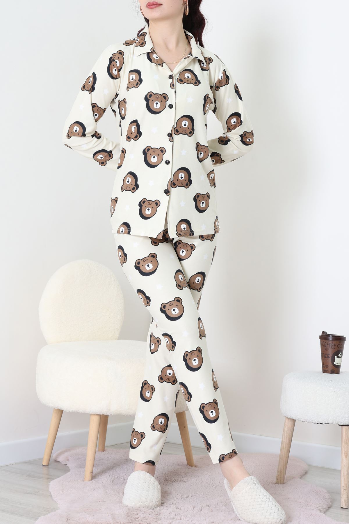 Süet Düğmeli Pijama Takımı Kremkahve - 52171.1050.