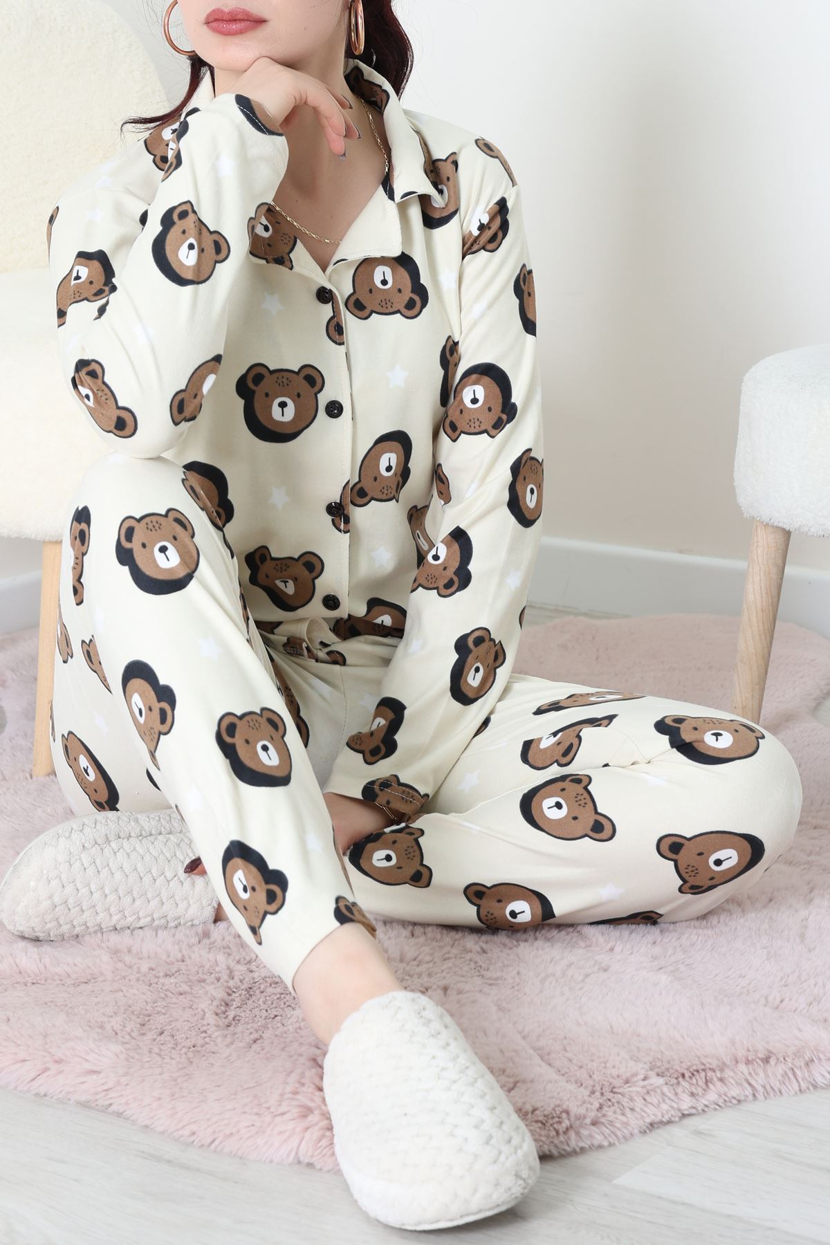 Süet Düğmeli Pijama Takımı Kremkahve - 52171.1050.