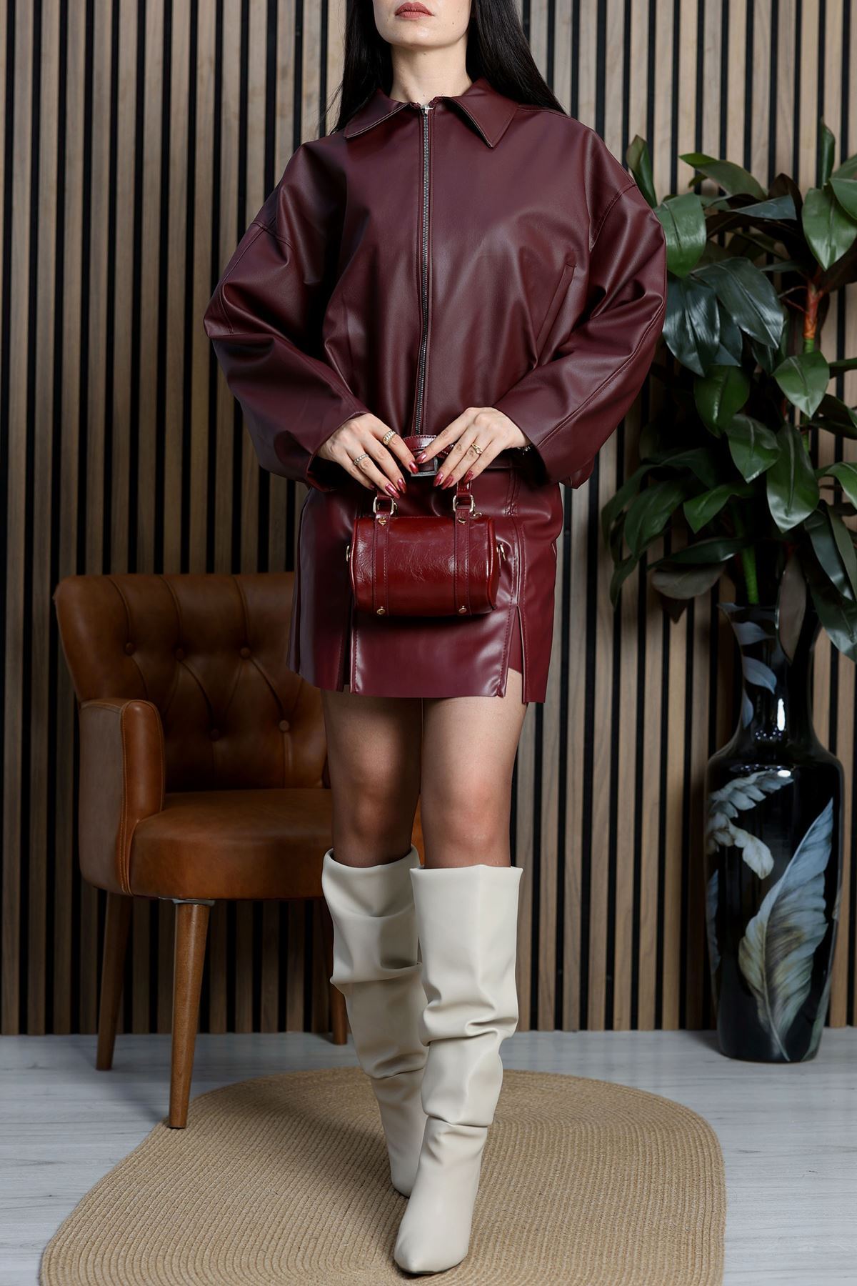 Kemerli Deri Ceket Bordo - 2017.2089.