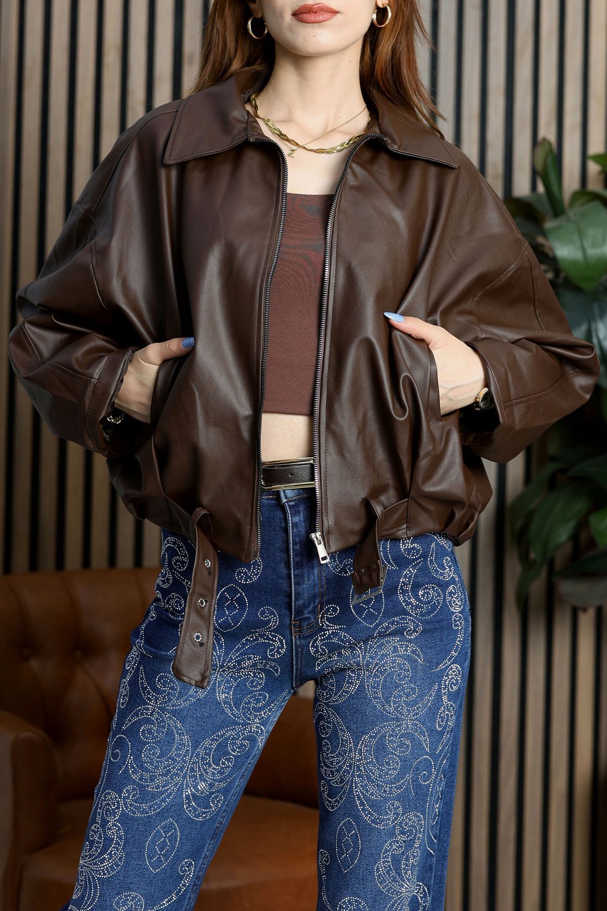 Kemerli Deri Ceket Kahve - 2017.2089.