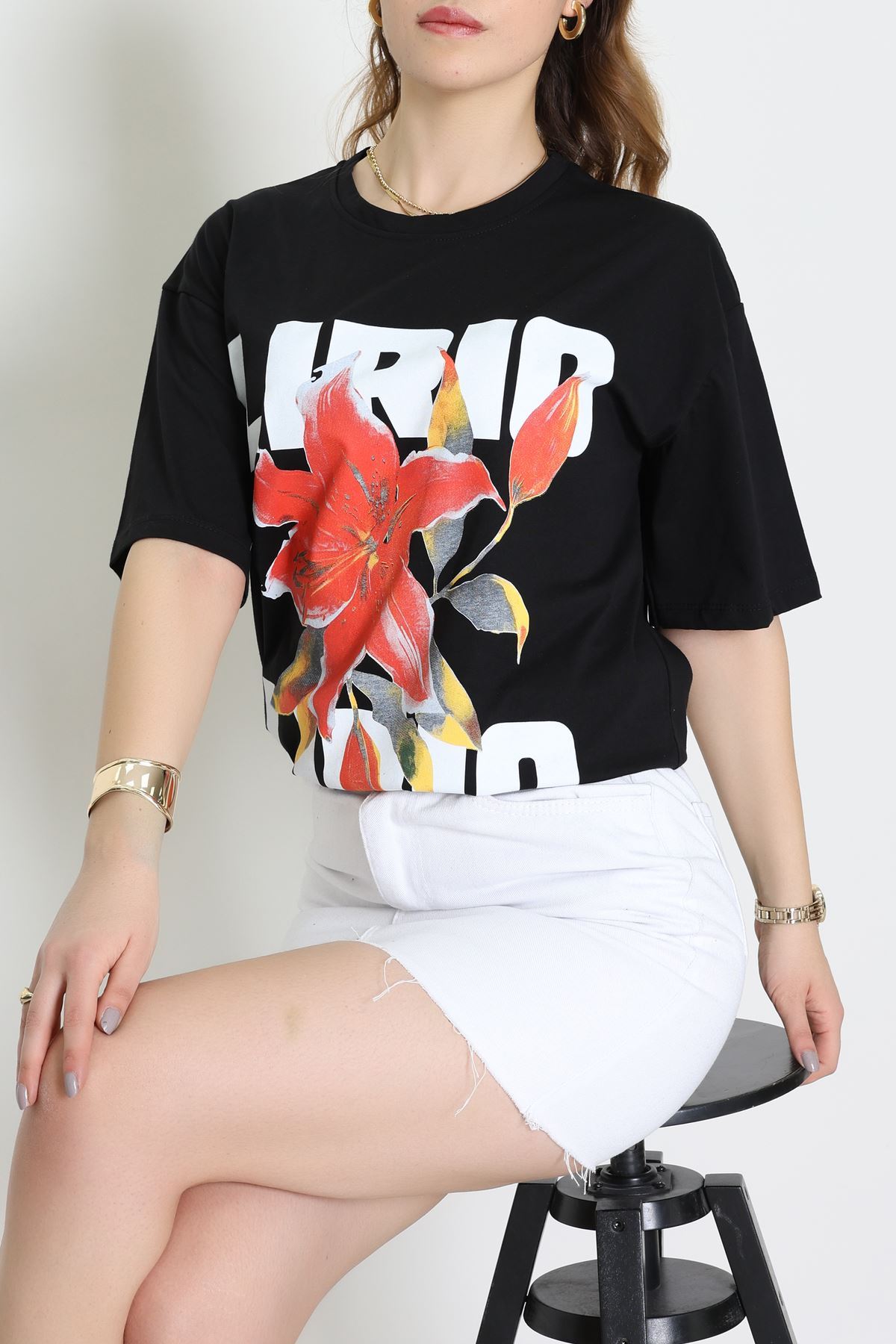 Baskılı Kompakt Penye Tişört Siyahkırmızı - 55044.1872.