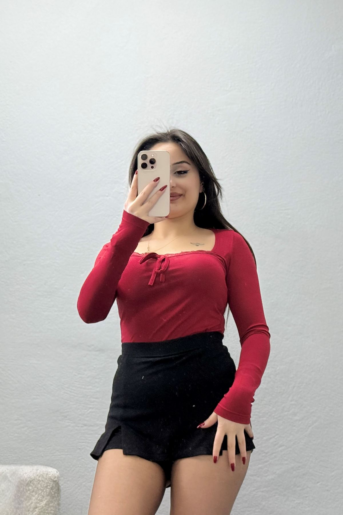 Dantel Detaylı Kare Yaka Viskon Body Bordo - 5504.599.