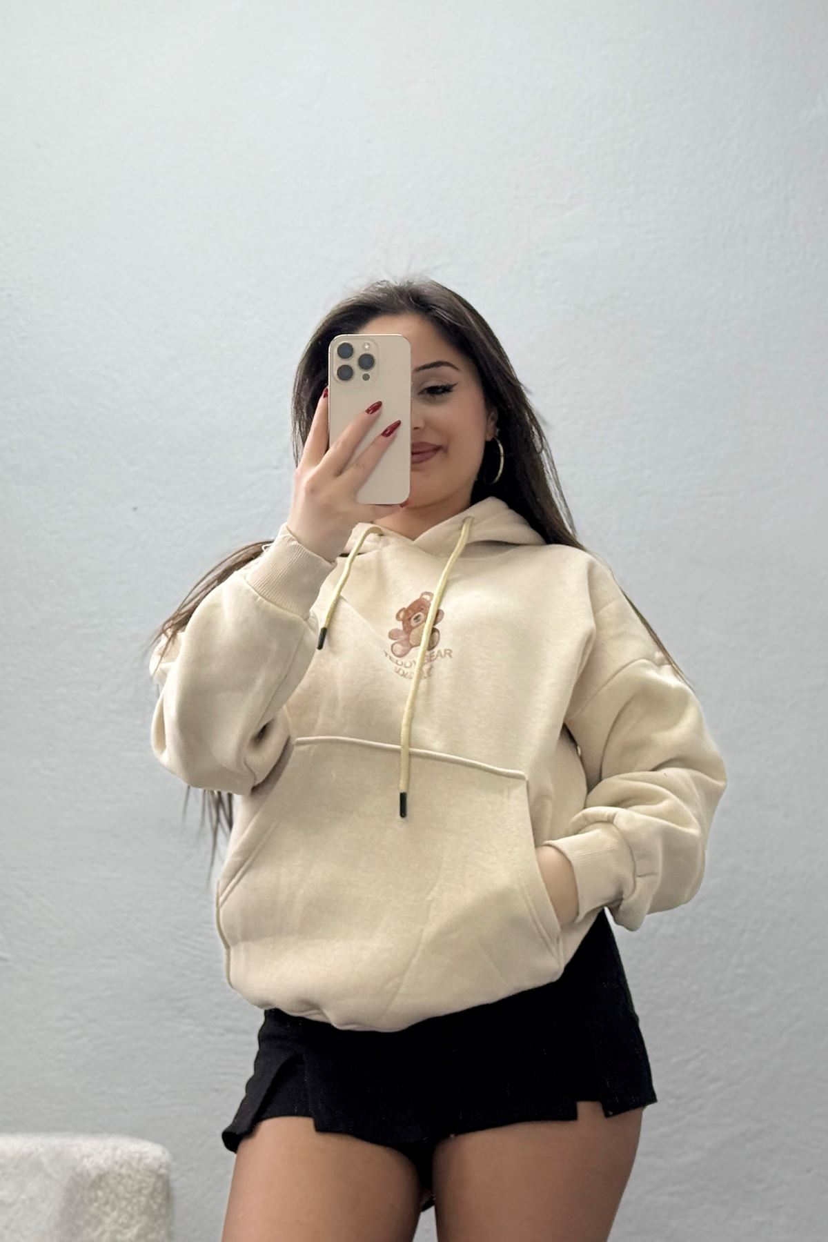 3 İplik Kanguru Cepli Kapşonlu Sweat Bej - 42254.1878.