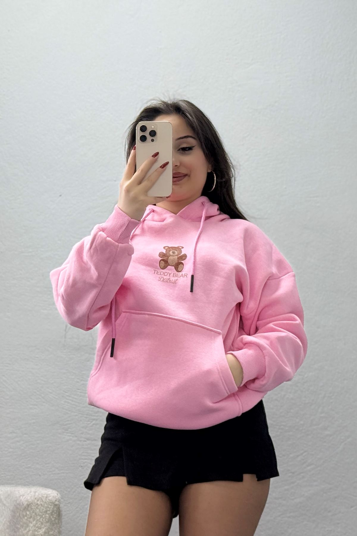 3 İplik Kanguru Cepli Kapşonlu Sweat Pembe - 42254.1878.