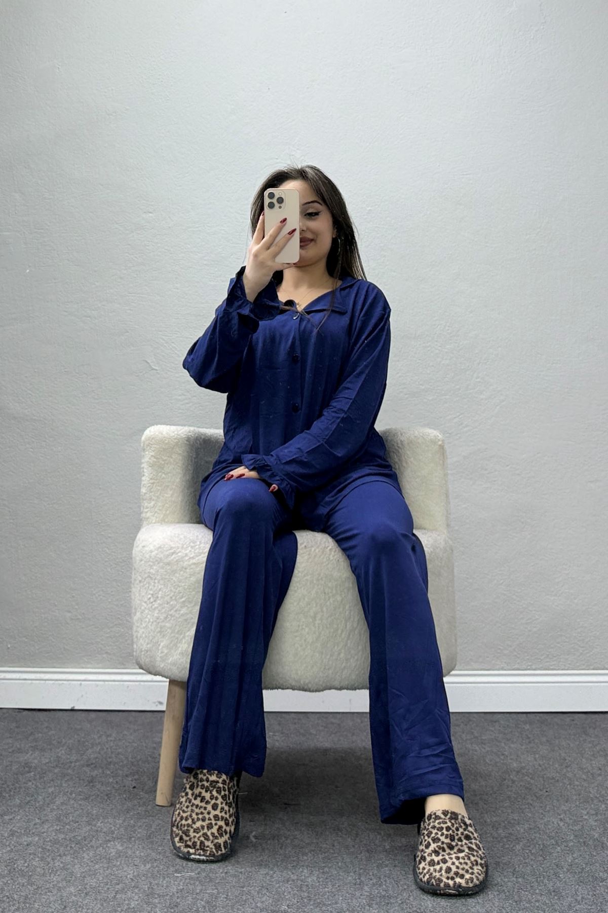 Ring Viskon Düğmeli Pijama Takımı Lacivert - 52201.1961.