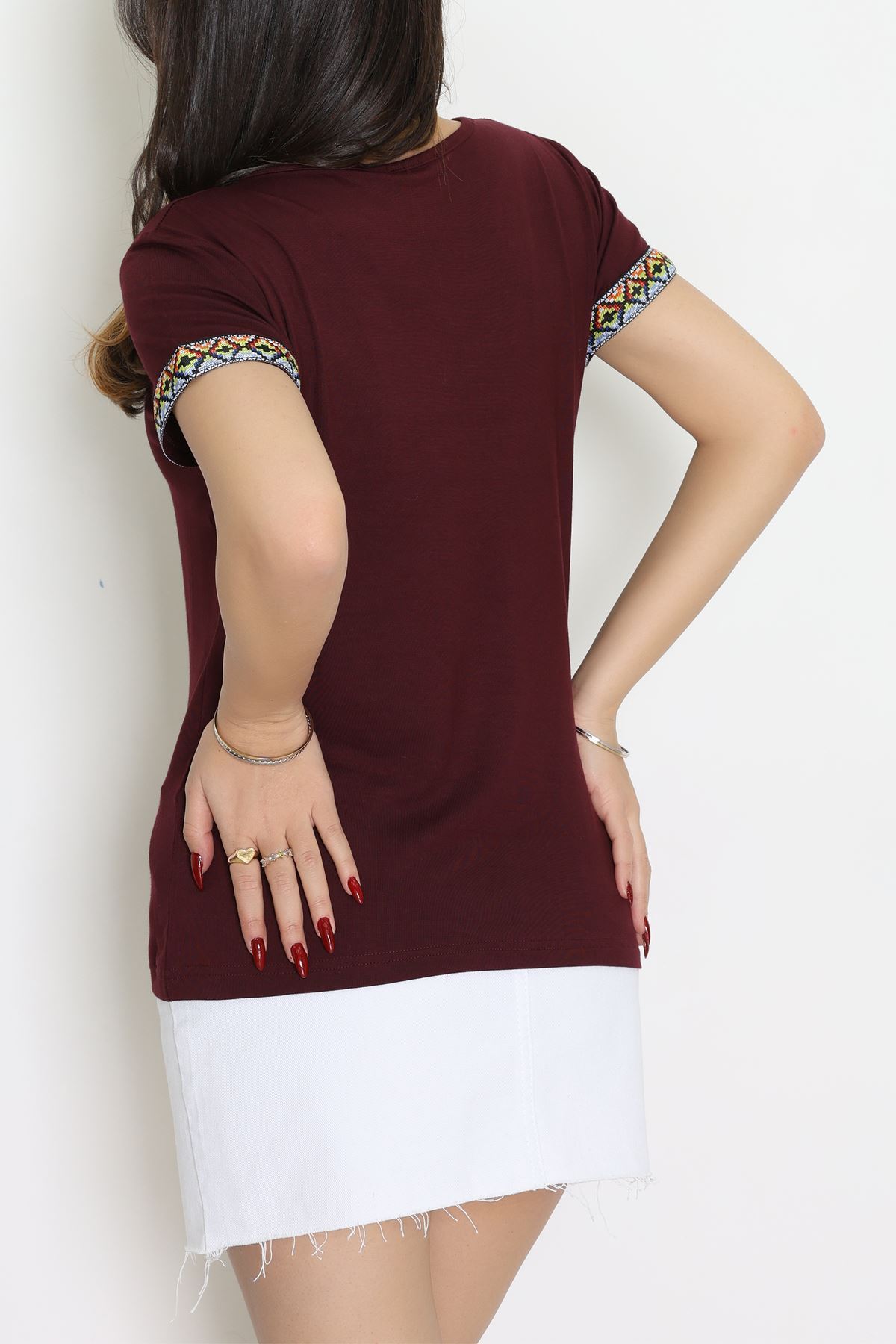 V Şerit Etnik Desen Yakalı Viskon Bluz Bordo - 43000.1256.