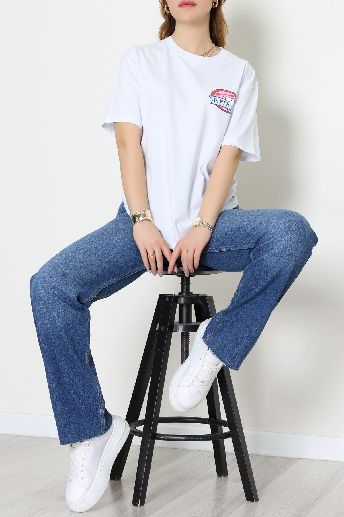 Baskılı Kompakt Penye Tişört Beyazsarı - 55044.1872.