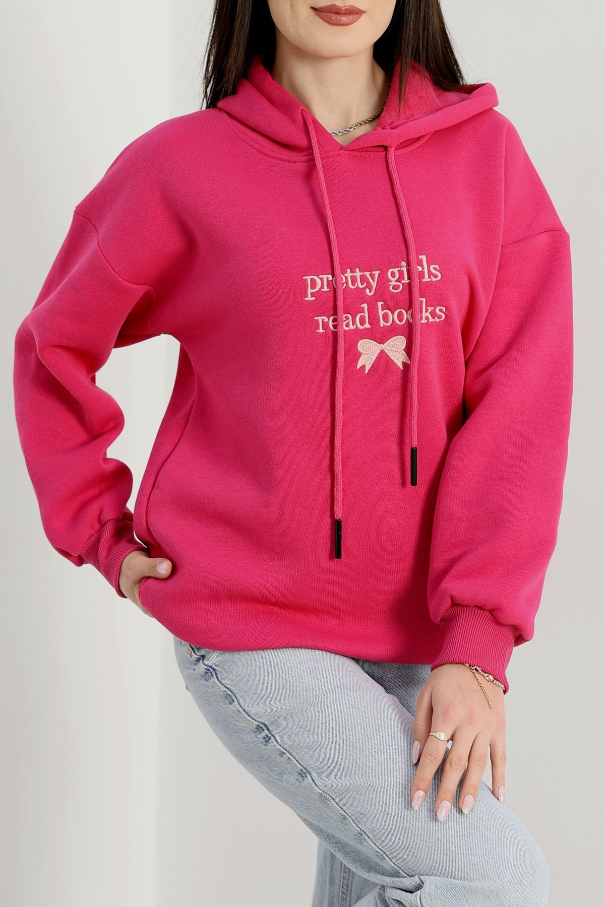 3 İplik Kapşonlu Nakışlı Sweat Fuşyapudra - 42228.1878.