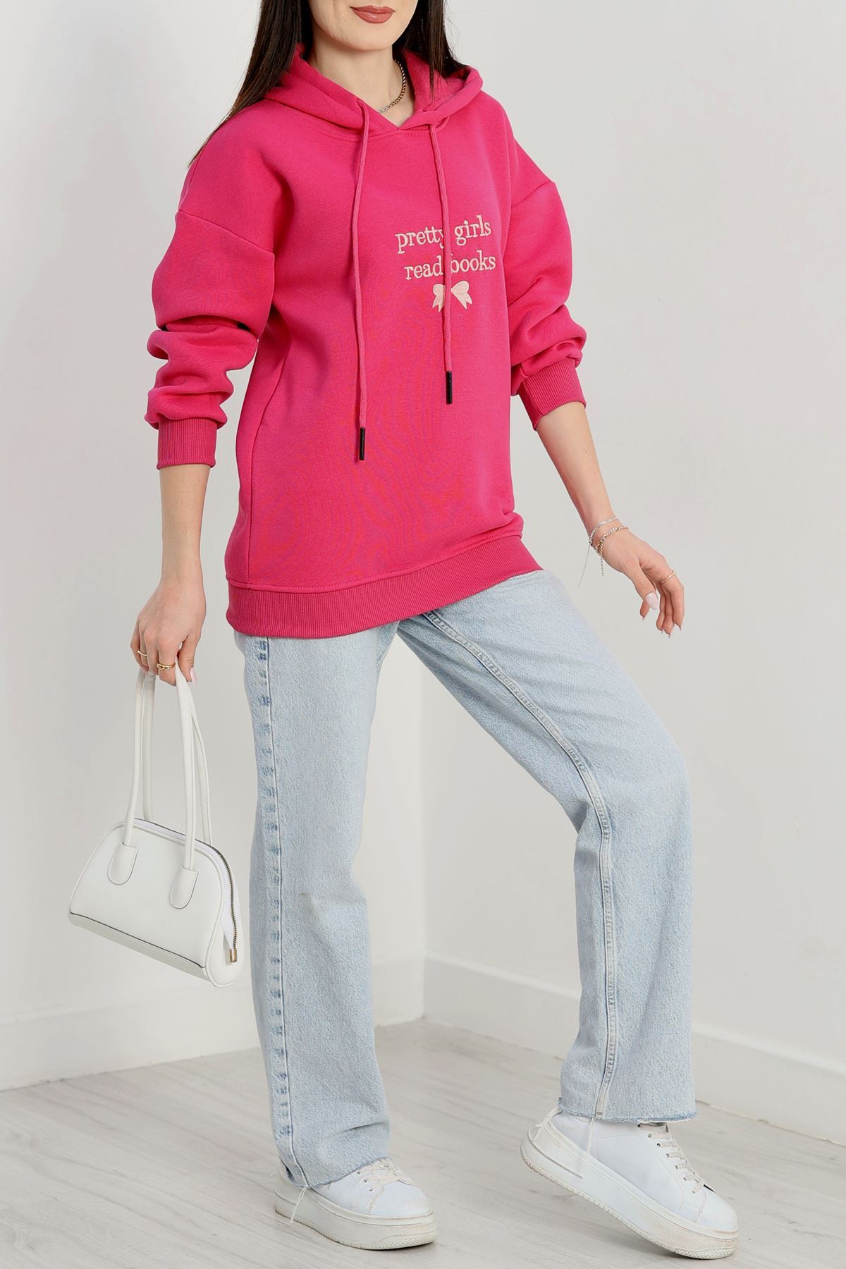 3 İplik Kapşonlu Nakışlı Sweat Fuşyapudra - 42228.1878.