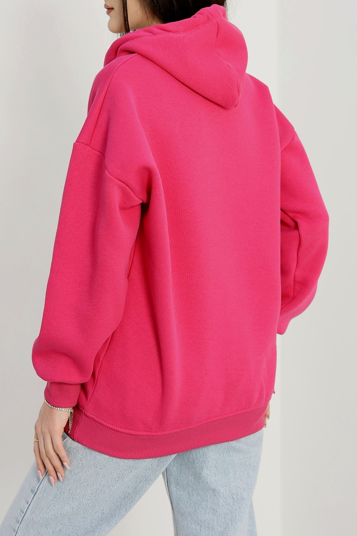 3 İplik Kapşonlu Nakışlı Sweat Fuşyapudra - 42228.1878.