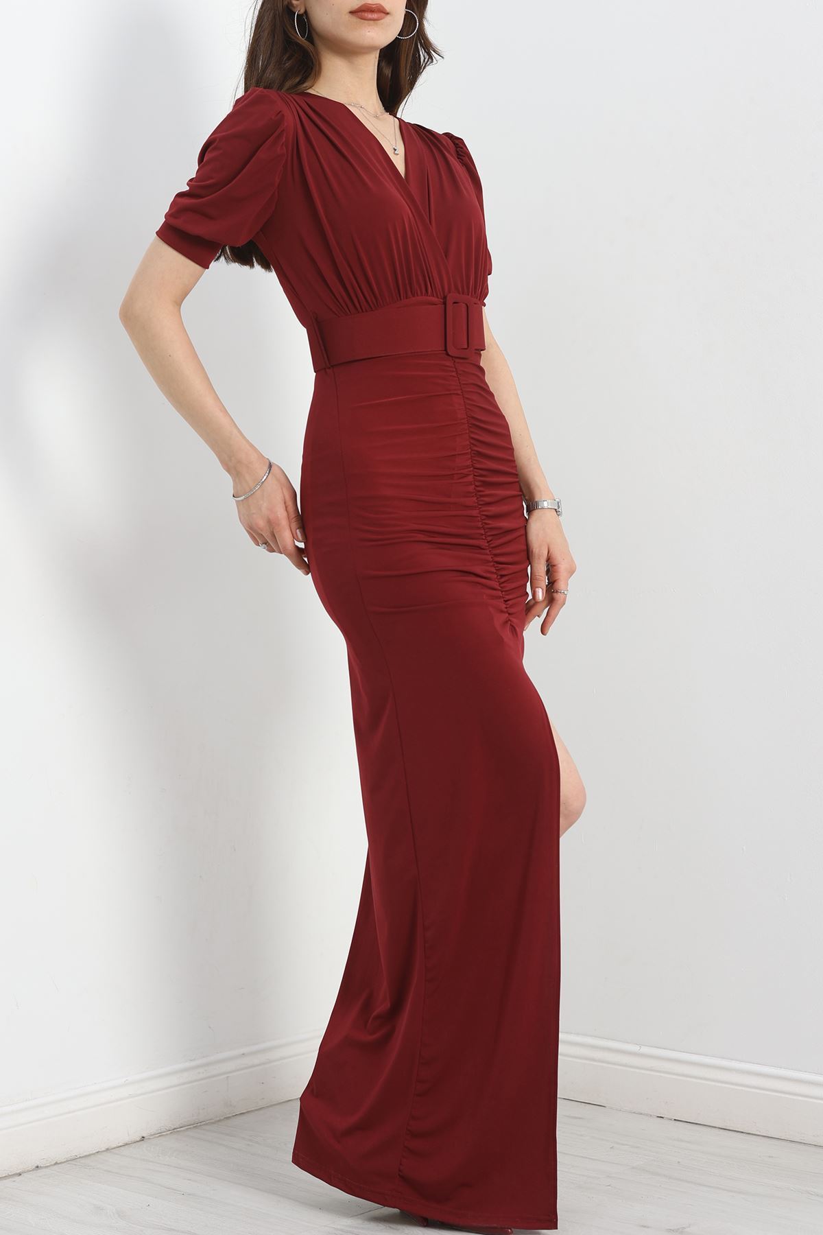 Kemer Detaylı Sandy Elbise Bordo - 582464.1592.