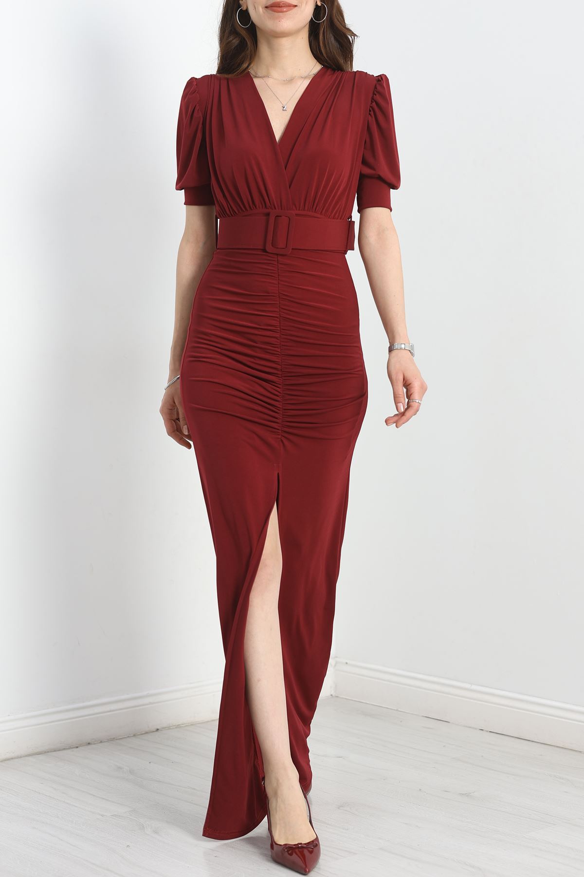 Kemer Detaylı Sandy Elbise Bordo - 582464.1592.