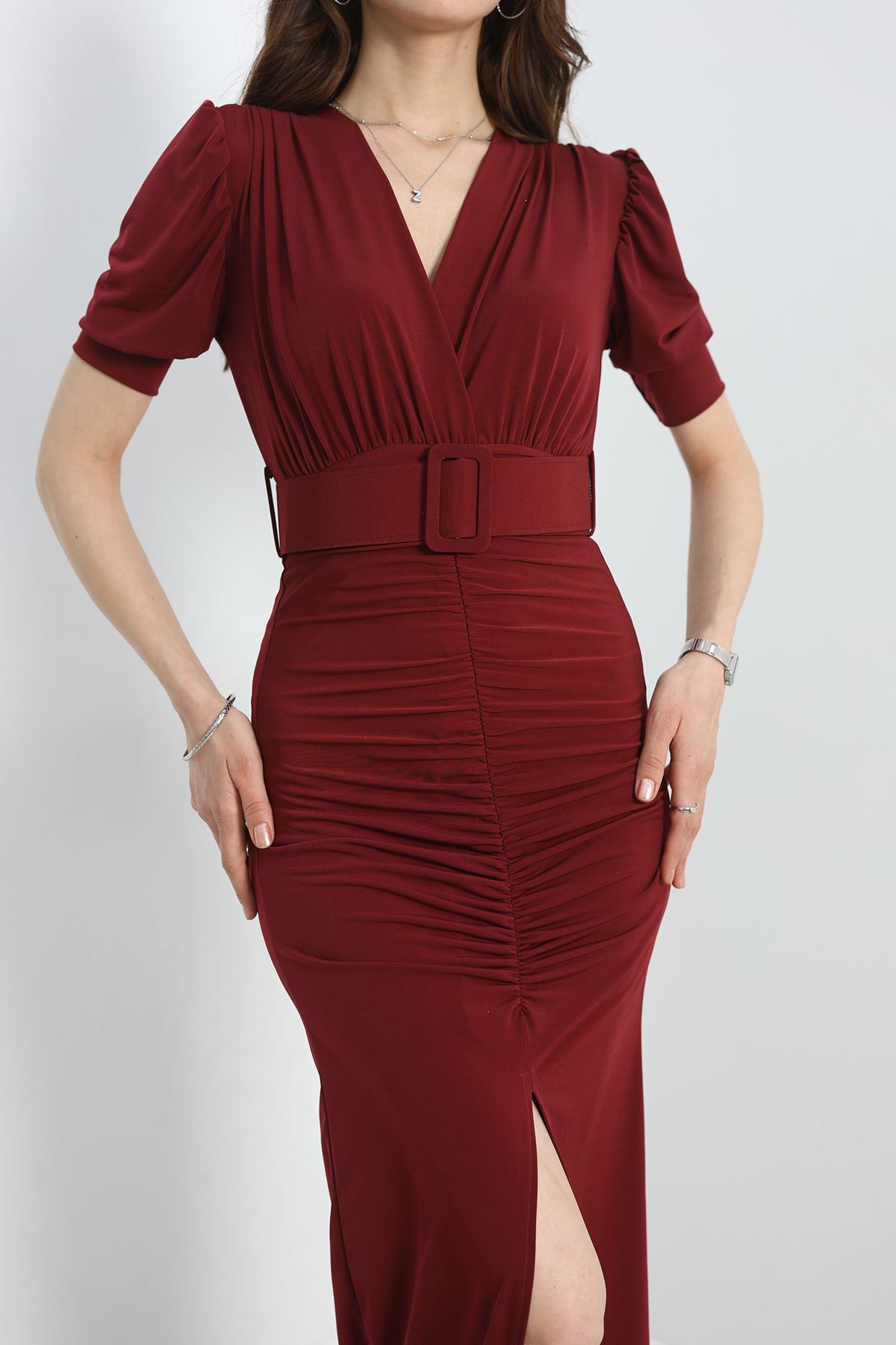 Kemer Detaylı Sandy Elbise Bordo - 582464.1592.