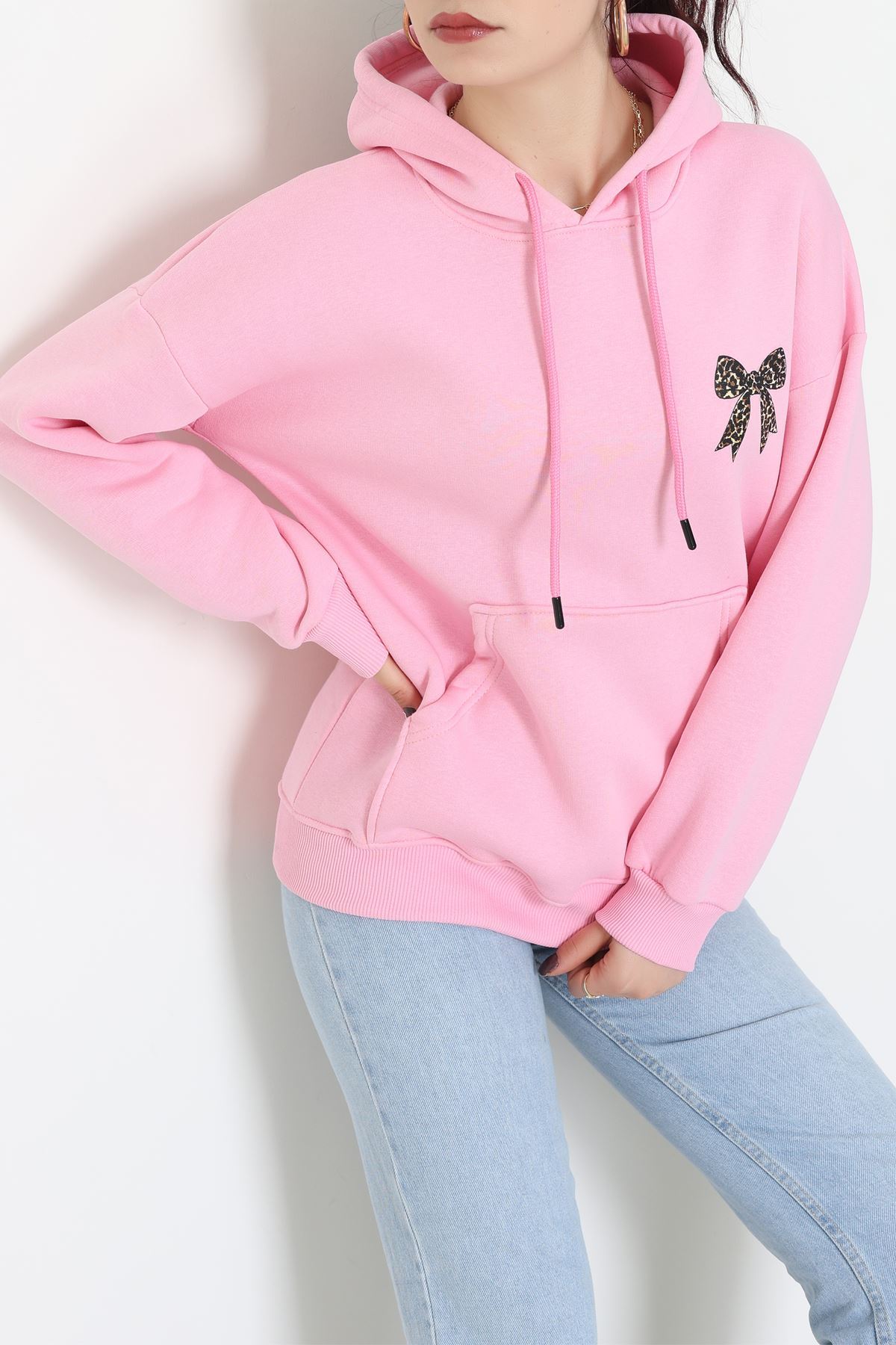 3 İplik Kanguru Cepli Kapşonlu Sweat Pembe - 42251.1878.