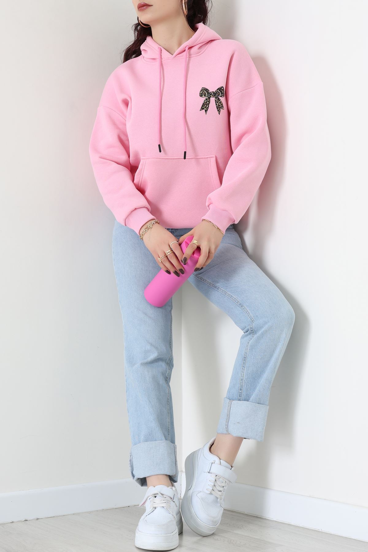 3 İplik Kanguru Cepli Kapşonlu Sweat Pembe - 42251.1878.