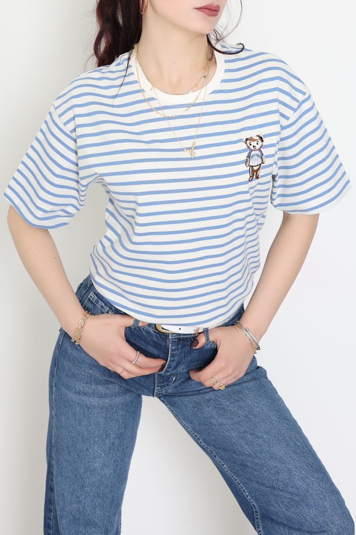 Baskılı Kompakt Penye Tişört Kremmavi - 55044.1872.