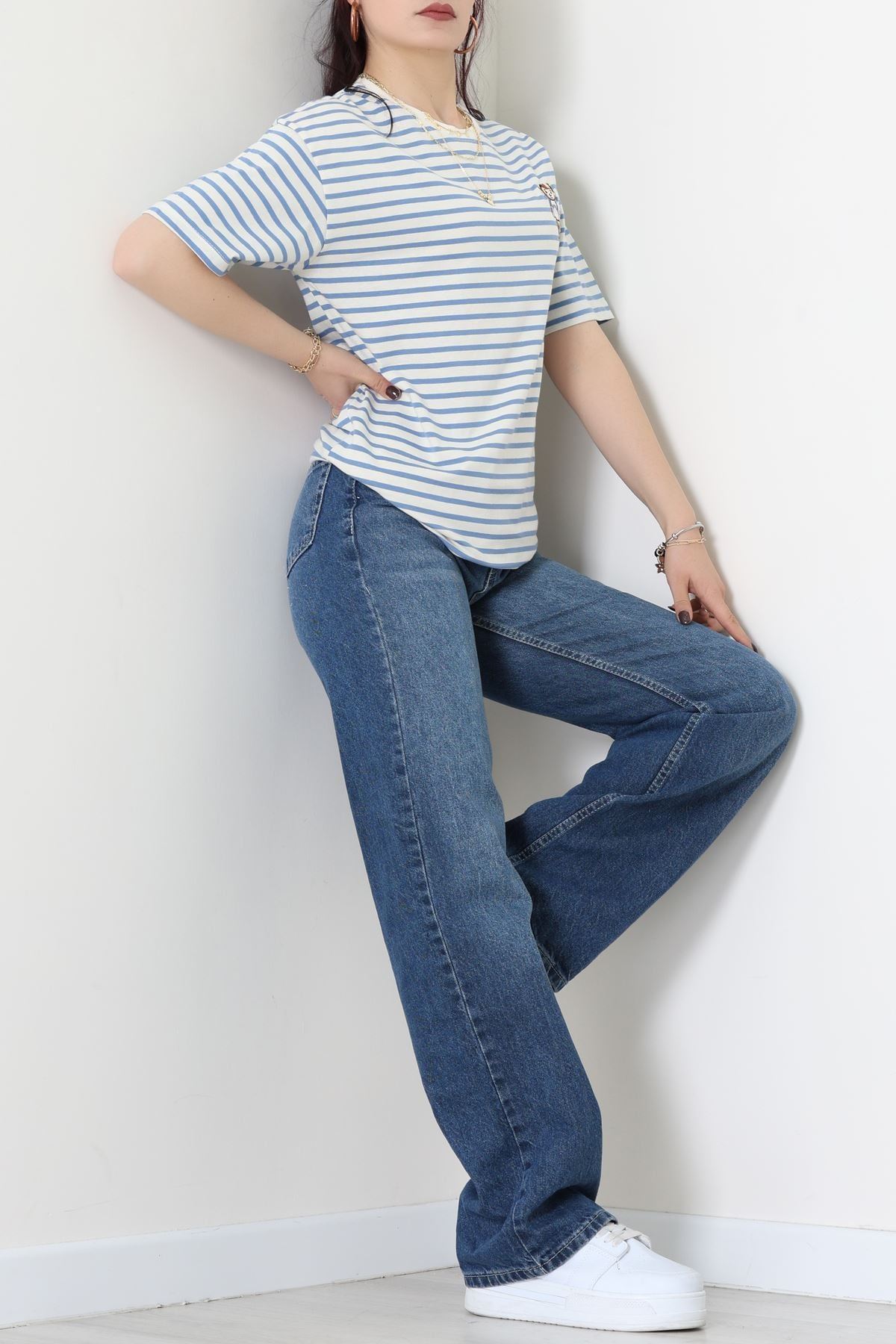 Baskılı Kompakt Penye Tişört Kremmavi - 55044.1872.