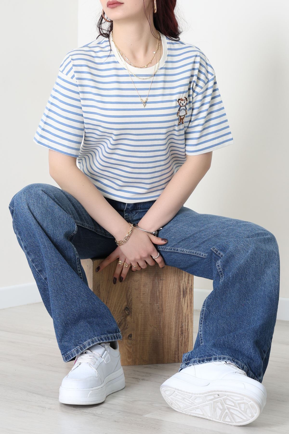 Baskılı Kompakt Penye Tişört Kremmavi - 55044.1872.