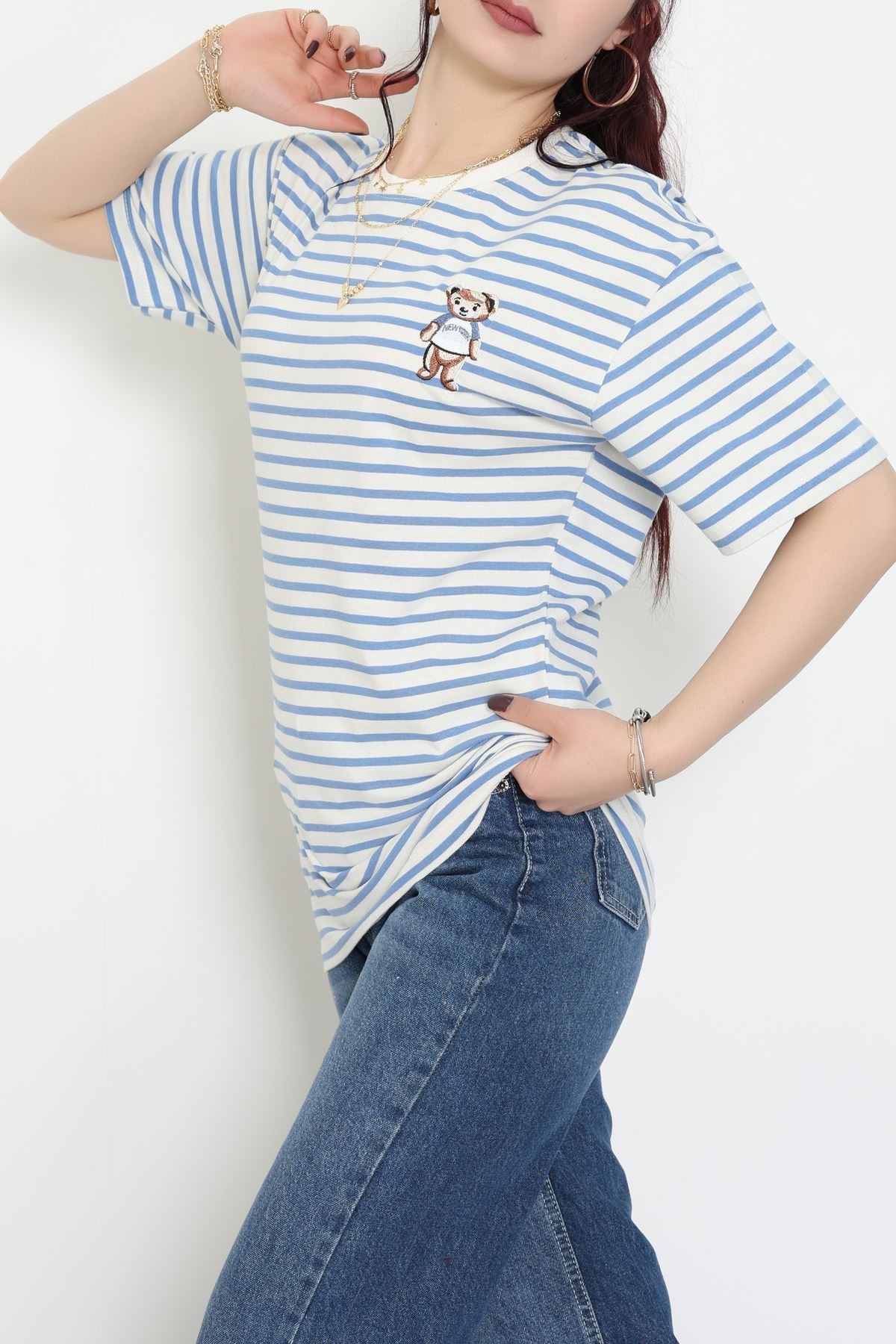 Baskılı Kompakt Penye Tişört Kremmavi - 55044.1872.