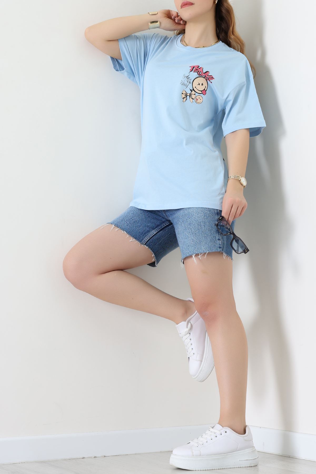 Baskılı Kompakt Penye Tişört Mavikırmızı - 55044.1872.