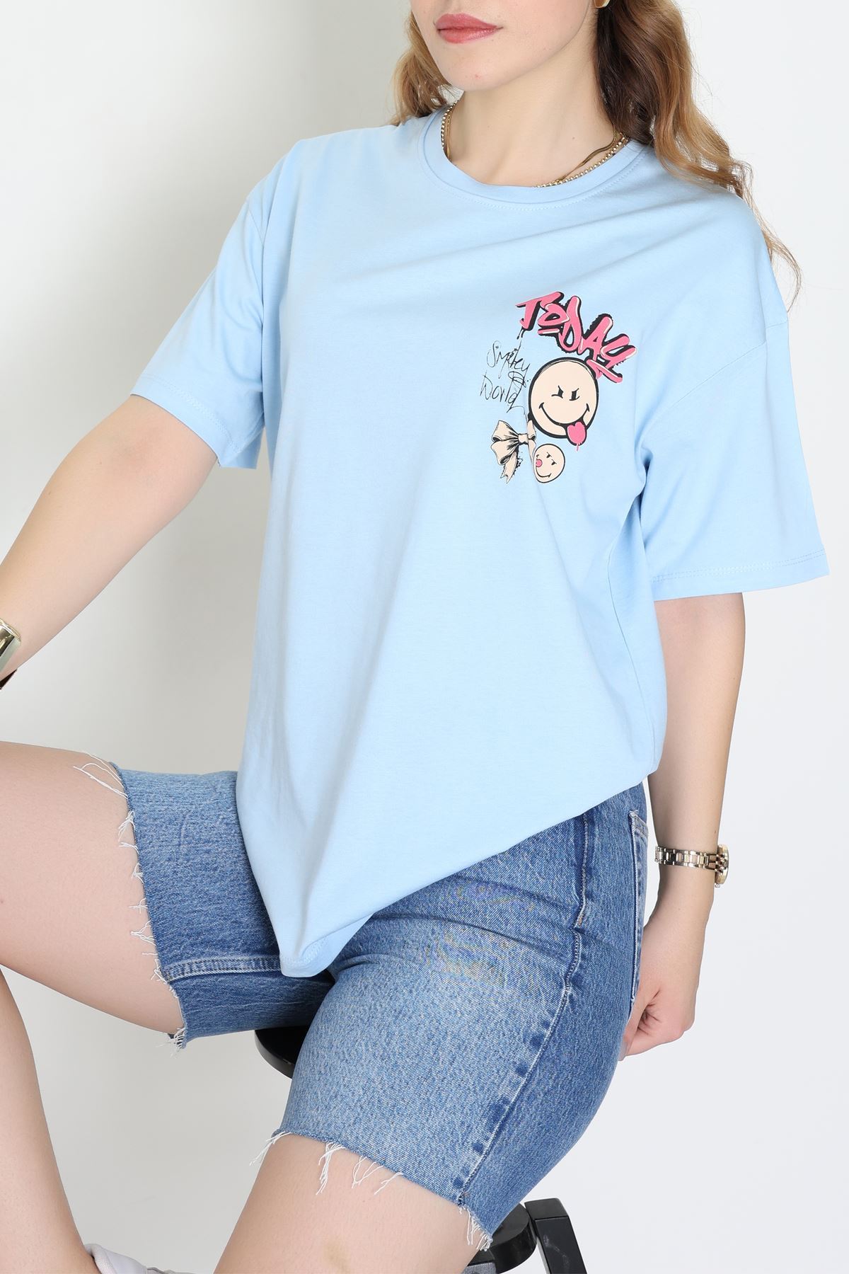 Baskılı Kompakt Penye Tişört Mavikırmızı - 55044.1872.