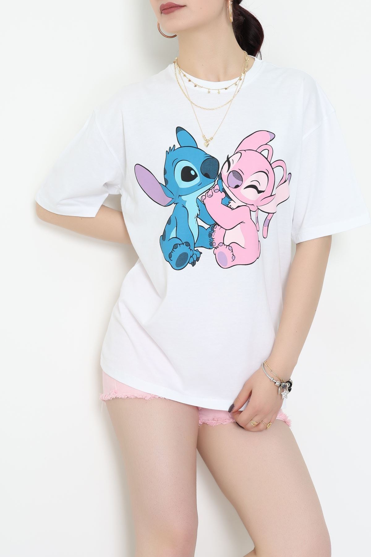 Baskılı Kompakt Penye Tişört Beyazpembe - 55044.1872.