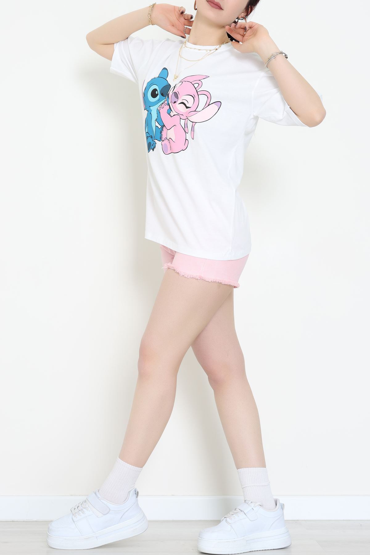 Baskılı Kompakt Penye Tişört Beyazpembe - 55044.1872.